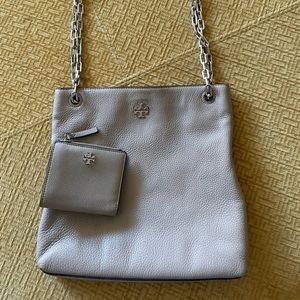 Tory Burch Leather Shoulderbag w/ Matching Wallet Taupe Gray